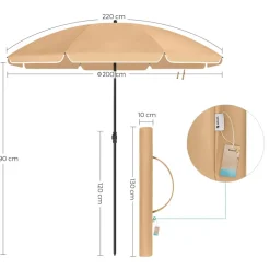 Parasol 180 cm diameter, rond / achthoekige strandparasol kantelbaar - taupe