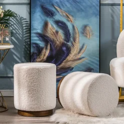 Poef met witte krullen en houten basis