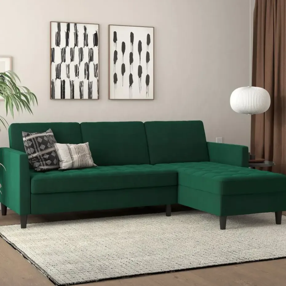 Presley - 3-zits hoekslaapbank met opbergruimte in donkergroen fluweel