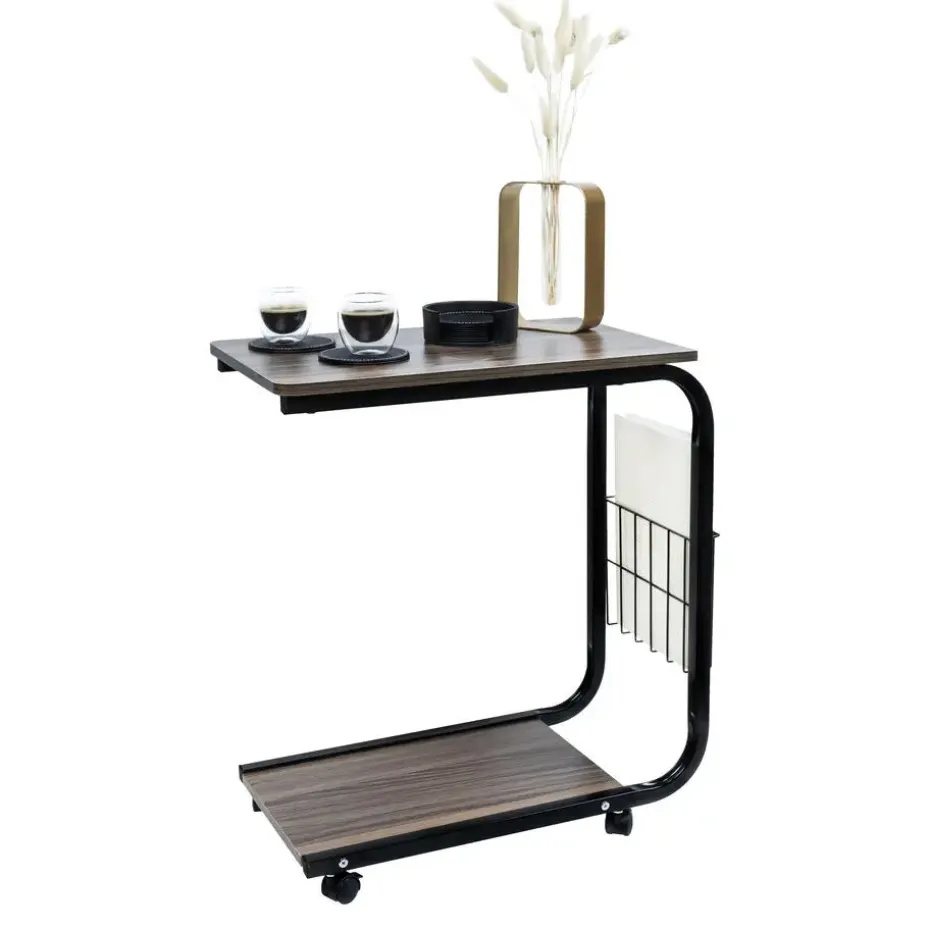 QUVIO Bijzettafel op wieltjes met opbergmandje - metaal + hout