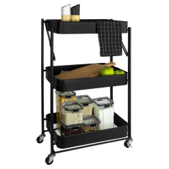 QUVIO Keukentrolley metaal opvouwbaar met 3 lagen en op wieltjes - Zwart