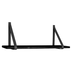 QUVIO Wandplank zwevend met lederen banden – 120x20 cm – Hout – Zwart