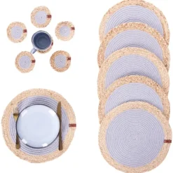 ROSELLA - Set 12 placemats en onderzetters - Grijs/Natuurlijk - Jute