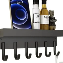 Ruhhy Kapstok - zwart - 8 x 24 cm - ijzer - 6 haken - met plank