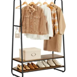 Rustiek bruin/zwart stalen kledingrek met 2 planken en 6 haken