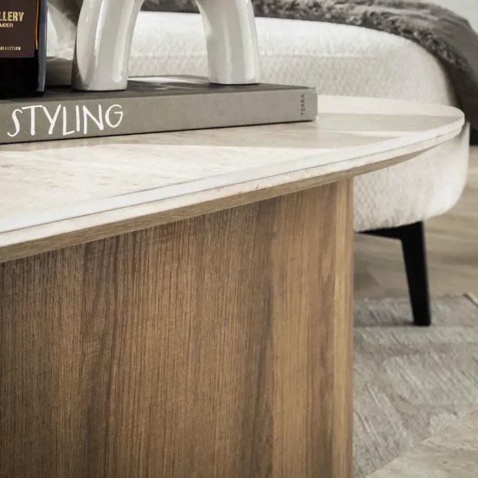 Salontafel Driehoek Walnoot/Travertin - 90x43x40cm - Set Van 2