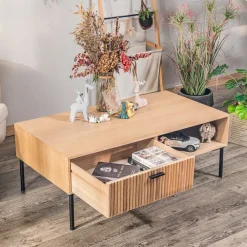 Salontafel met 1 lade van essen en metaal