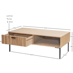 Salontafel met 1 lade van essen en metaal