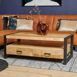 Salontafel Naturel Mangohout - 120x60x45cm - 4 Lades - Boaz