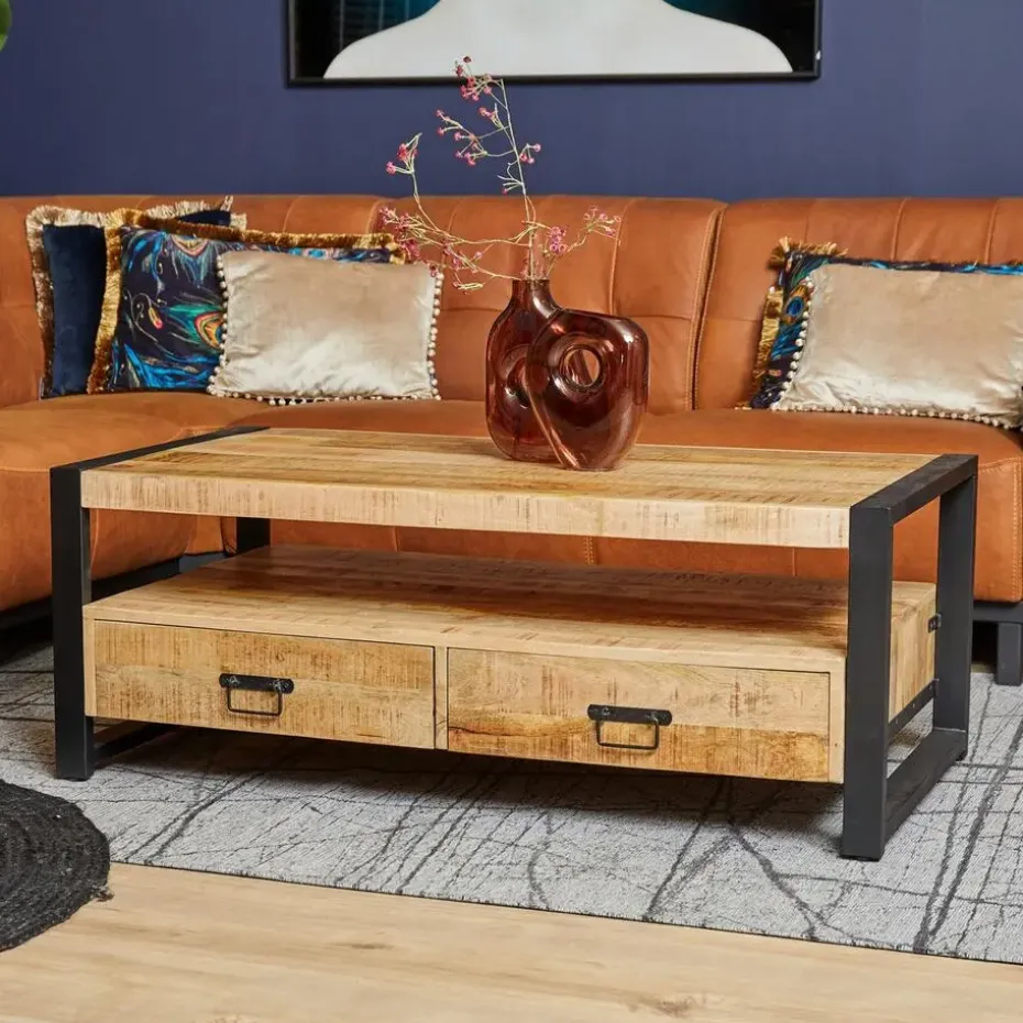 Salontafel Naturel Mangohout - 120x60x45cm - 4 Lades - Boaz