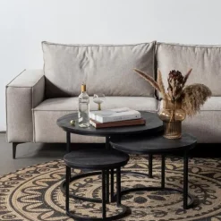 Salontafel Rond - Mangohout Zwart - Set Van 3 - Tres