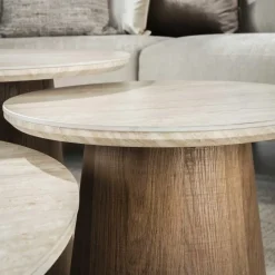 Salontafel Rond Walnoot/Travertin - 80x80x35cm - Set Van 3