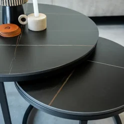 Salontafel set van 2 Trevor marmer zwart rond - 68x68x43 cm - Stoneware - Zwart