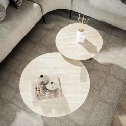 Salontafel Walnoot/Travertin - 76x76x30cm - Set Van 2