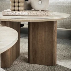Salontafel Walnoot/Travertin - 76x76x30cm - Set Van 2