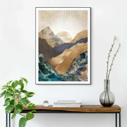 Schilderij Abstracte zonsopkomst - 70 x 50cm - Blauw