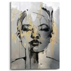 Schilderij Gezicht - 70 x 50cm - Goudkleurig