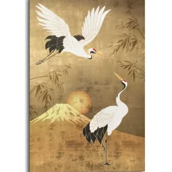 Schilderij Kraanvogels - 90 x 60cm - Goudkleurig