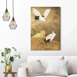 Schilderij Kraanvogels - 90 x 60cm - Goudkleurig