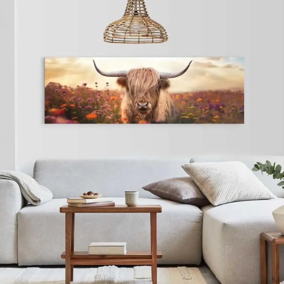 Schilderij Lente schotse hooglander - 52 x 156cm - Bruin