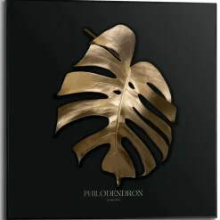 Schilderij Monstera Blad - 50 x 50cm - Goudkleurig