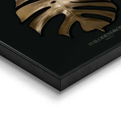 Schilderij Monstera Blad - 50 x 50cm - Goudkleurig