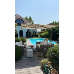 4-Seasons zweefparasol Hacienda 300 x 400 - Woodlook/Sand met voet en hoes