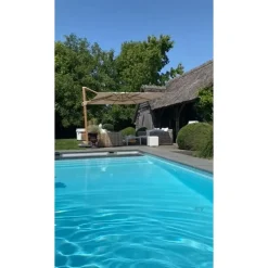 4-Seasons zweefparasol Hacienda 300 x 400 - Woodlook/Sand met voet en hoes