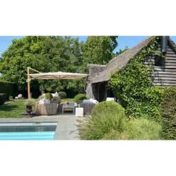 4-Seasons zweefparasol Hacienda 300 x 400 - Woodlook/Sand met voet en hoes