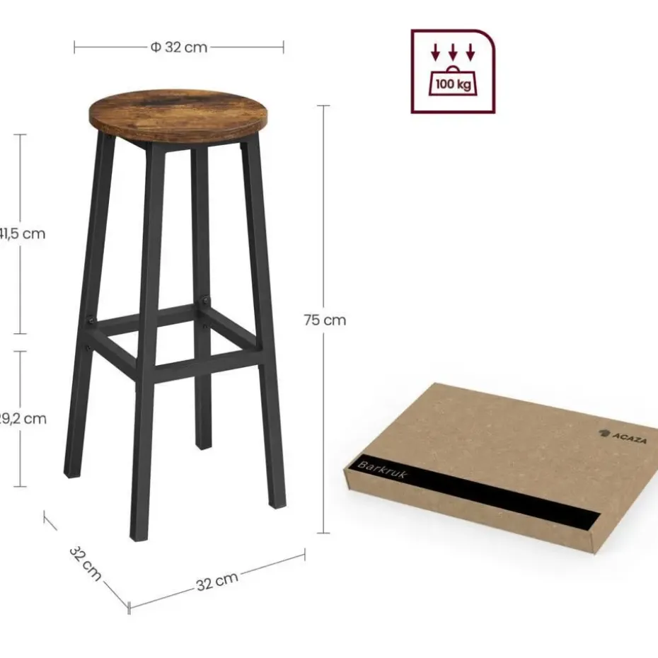 Set van 2 Barkrukken - met stabiel stalen frame, hoogte 75 cm -Bruin-zwart