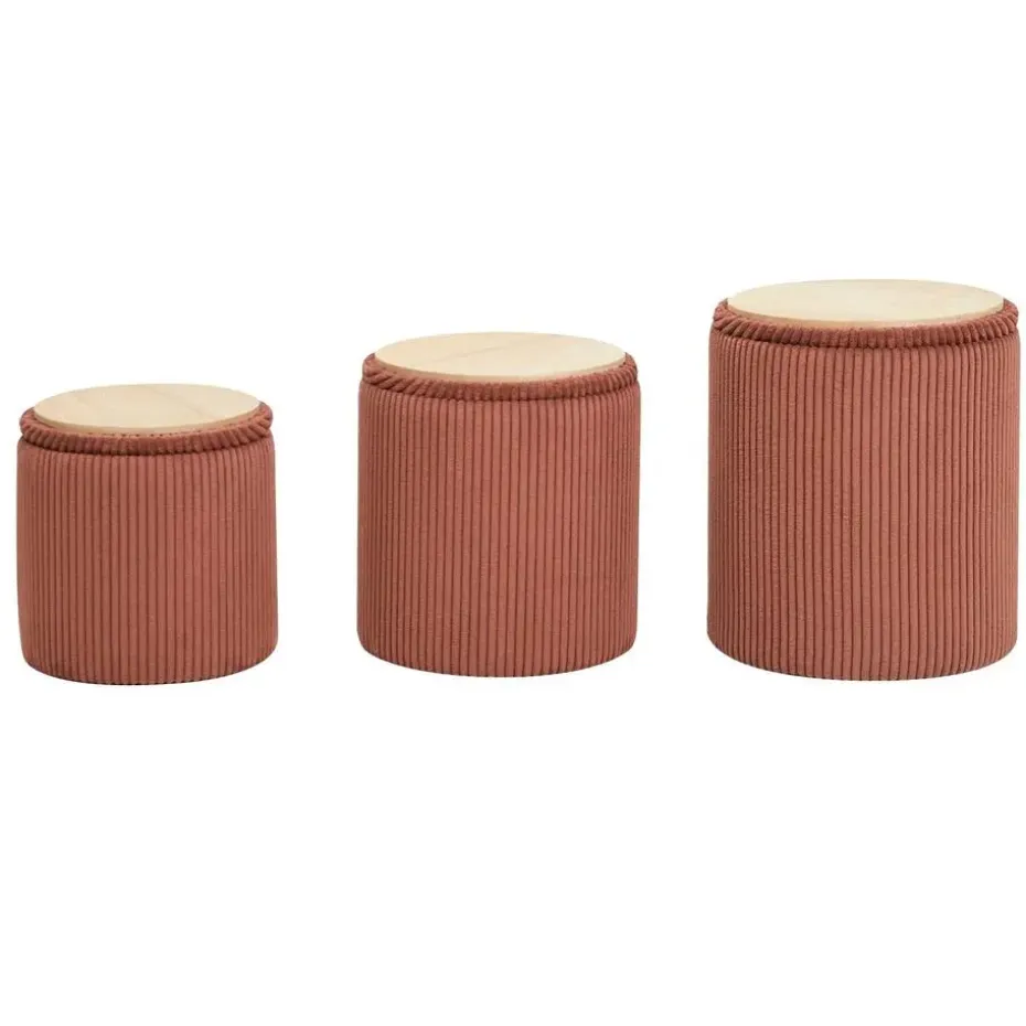 Set van 3 poefs met opbergruimte van hout en ribfluweel