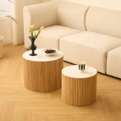 Set van 2 ronde salontafels van massief hout met opbergruimte