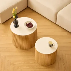 Set van 2 ronde salontafels van massief hout met opbergruimte