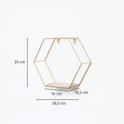 Set van 3 zeshoekige metalen wandrekjes met houten plankje - Goud