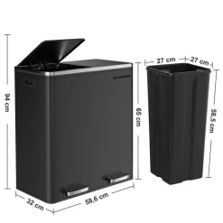 Songmics Prullenbak Met 2 Compartimenten - 2 x 30 L - Met Zwart