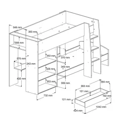 Stapelbed Stim met kast & lade - eik/grijs