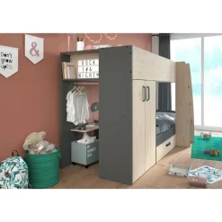 Stapelbed Stim met kast & lade - eik/grijs