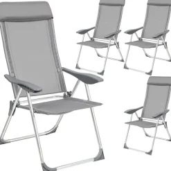 tectake 4 aluminium tuinstoel inklapbaar met hoofdsteun, Grijs