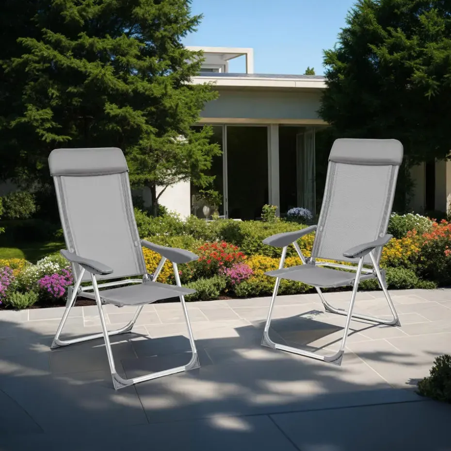 tectake 4 aluminium tuinstoel inklapbaar met hoofdsteun, Grijs