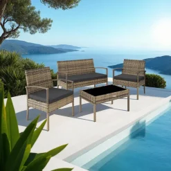 tectake - loungeset Sparta - bank+stoelen+tafel - natuurkleur