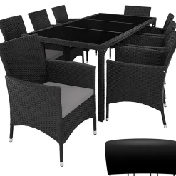 tectake - tuinset 8 stoelen en tafel - wicker - zwart / grijs