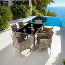 tectake - tuinset Porto 6 + 1 - wicker - natuurkleur