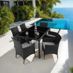 tectake - tuinset Porto 6 + 1 - wicker - zwart / grijs