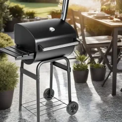 tectake BBQ Barbecue Smoker met deksel en thermometer, Zwart