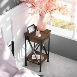 tectake Bijzettafel Dayton 35x35x70,5cm, Industrieel Hout Donker, Rustiek