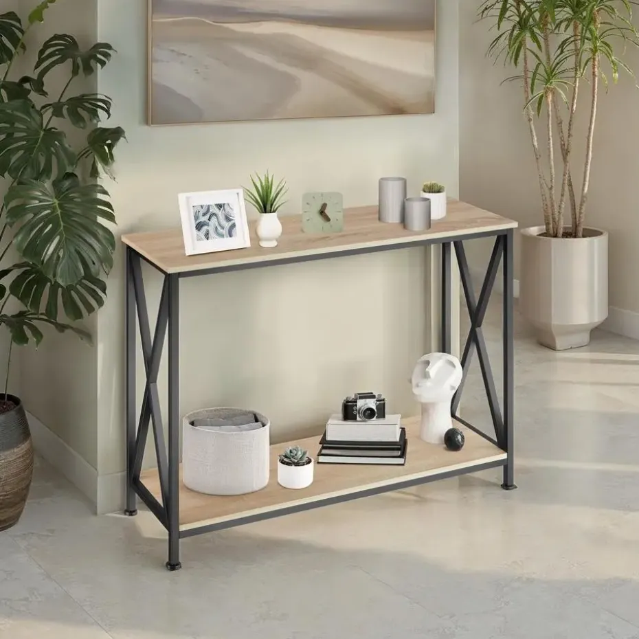 tectake Consoletafel Tacoma 100x35x80,5cm, Industrieel Licht Hout, Eiken Sonoma