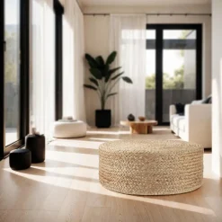 tectake Handgemaakte poef Banno Elipse van jute, rond, boho-stijl, Beige