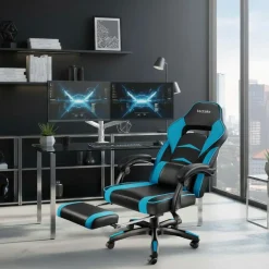 tectake Racing bureaustoel Comodo met voetsteun , Zwart/azuur