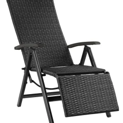 tectake Wicker tuinstoel opklapbaar met aluminium frame en voetsteun, Zwart