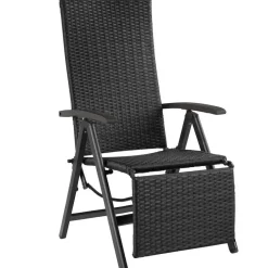 tectake Wicker tuinstoel opklapbaar met aluminium frame en voetsteun, Zwart